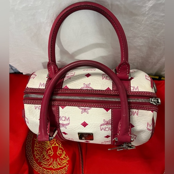 Red and White MCM Small Boston Satchel Bag w/ Brown Suede liner. MCM Monogram - Picture 7 of 16